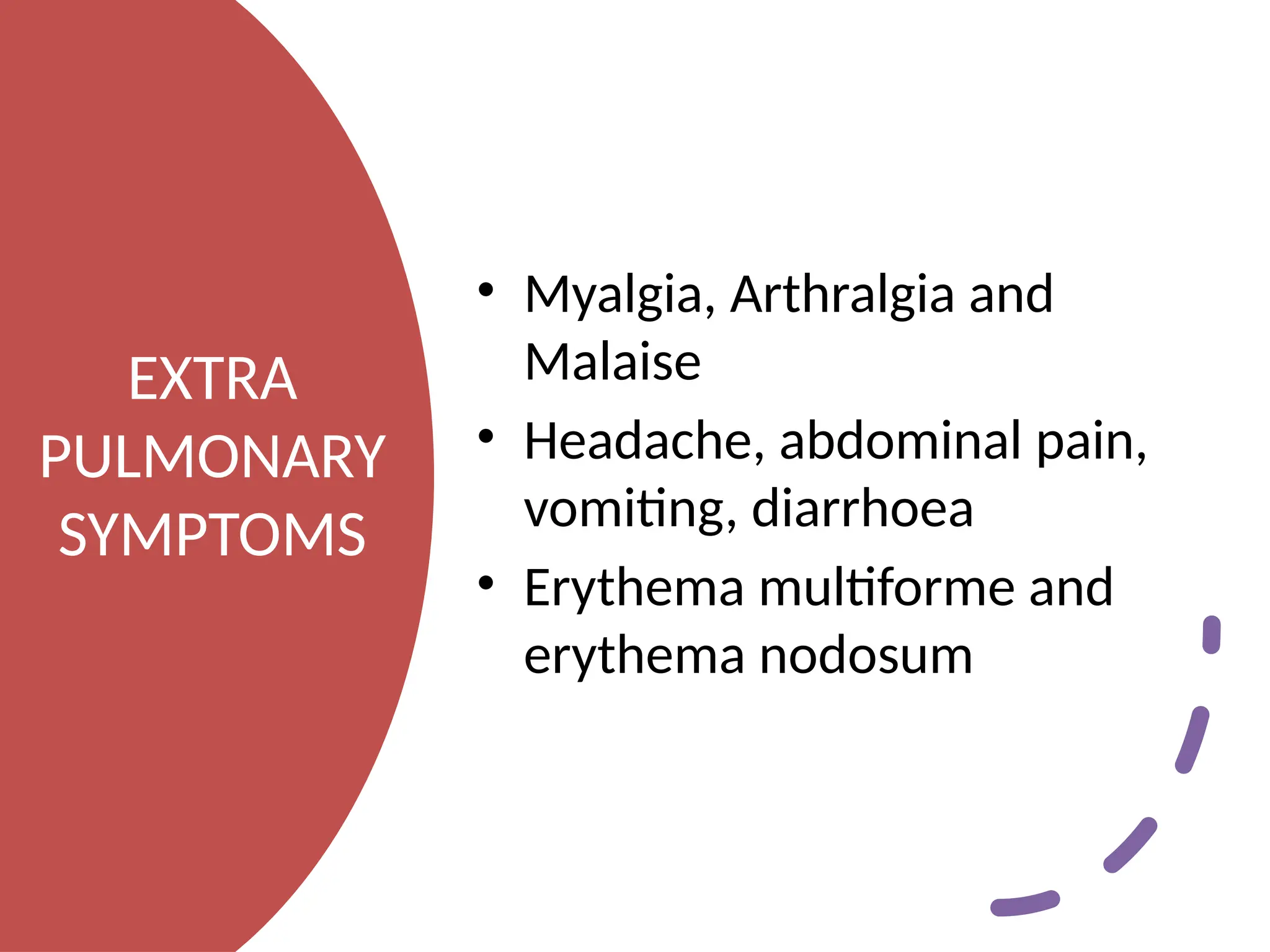EXTRA
PULMONARY
SYMPTOMS
• Myalgia, Arthralgia and
Malaise
• Headache, abdominal pain,
vomiting, diarrhoea
• Erythema multiforme and
erythema nodosum
 