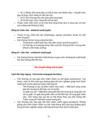 15
• (# 1) Nhiều khả năng đây có thể là hôn mê nhiễm độc / chuyển hóa,
gây rối loạn chức năng vỏ não lan tỏa.
• (# 2) Tổn thương cầu não trên-giữa lưng bên.
• (# 3) Rối loạn chức năng đồi thị hai bên.
• Thuốc chẹn thần kinh cơ là một khả năng khác (lưu ý rằng các cơ trơn
của mống mắt không bị liệt).
Đồng tử 2 bên nhỏ - bilateral small pupils
• Thuốc (ví dụ, chất chủ vận cholinergic, opioid, clonidine, thuốc ức chế
men chuyển).
• Hội chứng Horner trung ương hai bên::
o Thường do xuất huyết cầu não diện rộng (“pontine pupils”).
o Có thể xảy ra trong giai đoạn đầu của hội chứng thoát vị trung tâm
(thoát vị lên hoặc xuống).
Đồng tử 1 bên nhỏ - unilateral small pupil
• Hội chứng Horner một bên (mất đường ra giao cảm, thường do xuất huyết
lớn ảnh hưởng đến đồi thị).
Các chuyển động mắt tự phát
Lệch liên hợp ngang - horizontal conjugate deviation
• Tổn thương vỏ não gây nhìn chằm chằm ưu thế (gaze preference). Tuy
nhiên, mắt có thể vượt qua đường giữa khi làm nghiệm pháp kích thích
nhiệt lạnh (cold calorics) hoặc mắt búp bê.
o Tổn thương (ví dụ, tai biến mạch máu não) -> Mắt lệch sang cùng
bên tổn thương & đối bên với chi bị liệt.
o Co giật cục bộ -> Mắt lệch sang đối bên tổn thương & cùng bên với
chi co giật. Co giật đang diễn tiến có thể kết hợp với rung giật nhãn
cầu. Tình trạng này sau đó có thể được theo sau bởi chứng liệt
Todd, trong đó mắt lệch sang hướng kia.
• Tổn thương cầu não gây liệt nhìn chằm chằm (gaze paralysis). Không
giống như nhìn chằm chằm ưu thế, mắt không thể vượt qua đường giữa
trong khi làm nghiệm pháp mắt búp bê hoặc kích thích nhiệt lạnh.
 