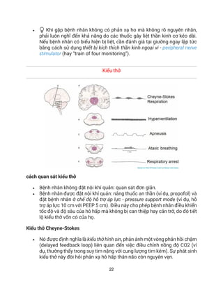 22
• 💡💡 Khi gặp bệnh nhân không có phản xạ ho mà không rõ nguyên nhân,
phải luôn nghĩ đến khả năng do các thuốc gây liệt thần kinh cơ kéo dài.
Nếu bệnh nhân có biểu hiện bị liệt, cần đánh giá tại giường ngay lập tức
bằng cách sử dụng thiết bị kích thích thần kinh ngoại vi - peripheral nerve
stimulator (hay “train of four monitoring”).
Kiểu thở
cách quan sát kiểu thở
• Bệnh nhân không đặt nội khí quản: quan sát đơn giản.
• Bệnh nhân được đặt nội khí quản: nâng thuốc an thần (ví dụ, propofol) và
đặt bệnh nhân ở chế độ hỗ trợ áp lực - pressure support mode (ví dụ, hỗ
trợ áp lực 10 cm với PEEP 5 cm). Điều này cho phép bệnh nhân điều khiển
tốc độ và độ sâu của hô hấp mà không bị can thiệp hay cản trở, do đó tiết
lộ kiểu thở vốn có của họ.
Kiểu thở Cheyne-Stokes
• Nó được định nghĩa là kiểu thở hình sin, phản ánh một vòng phản hồi chậm
(delayed feedback loop) liên quan đến việc điều chỉnh nồng độ CO2 (ví
dụ, thường thấy trong suy tim nặng với cung lượng tim kém). Sự phát sinh
kiểu thở này đòi hỏi phản xạ hô hấp thân não còn nguyên vẹn.
 