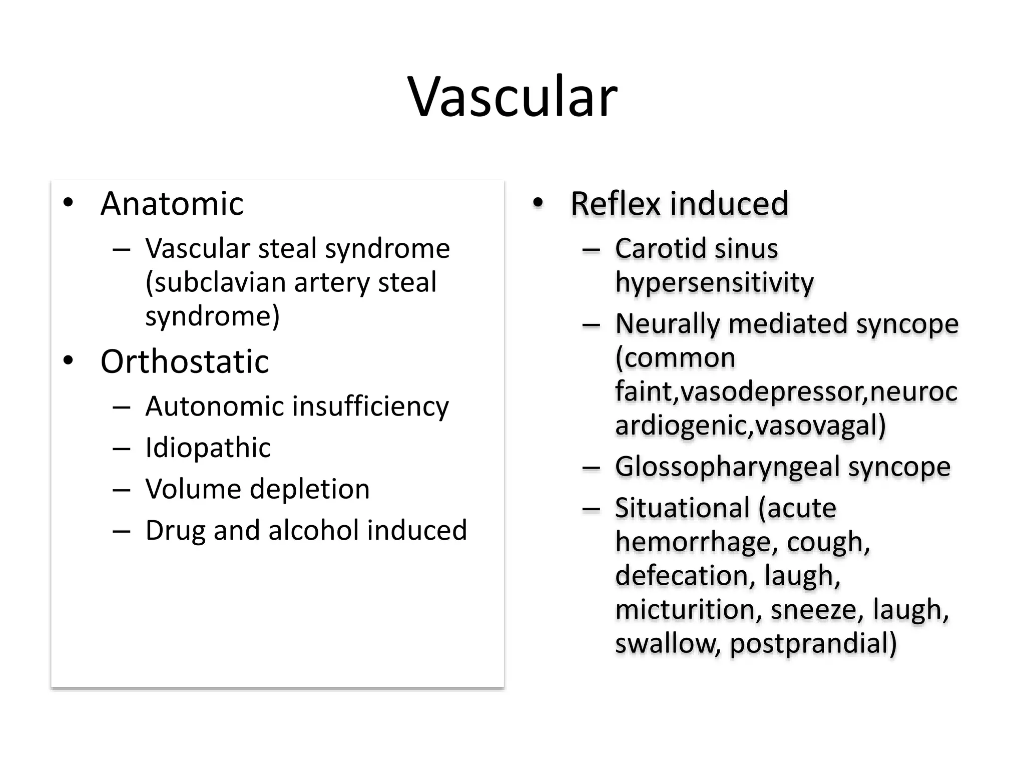Vascular
• Anatomic
– Vascular steal syndrome
(subclavian artery steal
syndrome)
• Orthostatic
– Autonomic insufficiency
– Idiopathic
– Volume depletion
– Drug and alcohol induced
• Reflex induced
– Carotid sinus
hypersensitivity
– Neurally mediated syncope
(common
faint,vasodepressor,neuroc
ardiogenic,vasovagal)
– Glossopharyngeal syncope
– Situational (acute
hemorrhage, cough,
defecation, laugh,
micturition, sneeze, laugh,
swallow, postprandial)
 