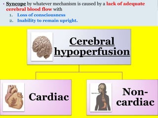 • Syncope by whatever mechanism is caused by a lack of adequate
cerebral blood flow with
1. Loss of consciousness
2. Inability to remain upright.
Cerebral
hypoperfusion
Cardiac
Non-
cardiac
 