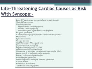 Life-Threatening Cardiac Causes as Risk
With Syncope:-
 