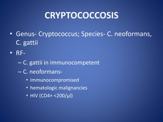 CRYPTOCOCCOSIS
• Genus- Cryptococcus; Species- C. neoformans,
C. gattii
• RF-
– C. gattii in immunocompetent
– C. neoformans-
• Immunocompromised
• hematologic malignancies
• HIV (CD4+ <200/µl)
 