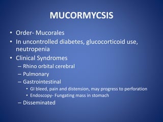 MUCORMYCSIS
• Order- Mucorales
• In uncontrolled diabetes, glucocorticoid use,
neutropenia
• Clinical Syndromes
– Rhino orbital cerebral
– Pulmonary
– Gastrointestinal
• GI bleed, pain and distension, may progress to perforation
• Endoscopy- Fungating mass in stomach
– Disseminated
 