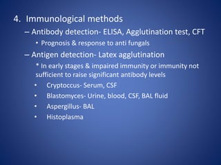 4. Immunological methods
– Antibody detection- ELISA, Agglutination test, CFT
• Prognosis & response to anti fungals
– Antigen detection- Latex agglutination
* In early stages & impaired immunity or immunity not
sufficient to raise significant antibody levels
• Cryptoccus- Serum, CSF
• Blastomyces- Urine, blood, CSF, BAL fluid
• Aspergillus- BAL
• Histoplasma
 