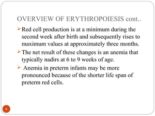 OVERVIEW OF ERYTHROPOIESIS cont..
Red cell production is at a minimum during the
second week after birth and subsequently...