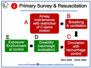 Primary Survey & Resuscitation
Airway
maintenance
with restriction
of C-spine
motion
Breathing
& ventilation
Circulation
w...