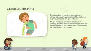 CLINICAL HISTORY
The physiology of vomiting is complex and
without a thorough appreciation of the pathways
involved, clinicians can get confused.
A huge number of conditions can result in
vomiting, the frequency of each changes with age
and knowledge of this can be used to ensure that
the clinical history is focused.
 