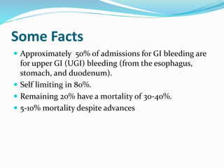 Some Facts
 Approximately 50% of admissions for GI bleeding are
for upper GI (UGI) bleeding (from the esophagus,
stomach, and duodenum).
 Self limiting in 80%.
 Remaining 20% have a mortality of 30-40%.
 5-10% mortality despite advances
 
