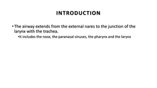 INTRODUCTION
•The airway extends from the external nares to the junction of the
larynx with the trachea.
•It includes the nose, the paranasal sinuses, the pharynx and the larynx
 