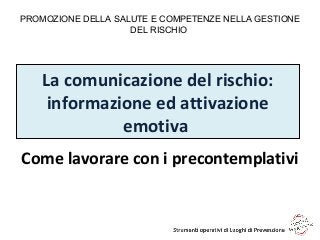 Come lavorare con i precontemplativi
PROMOZIONE DELLA SALUTE E COMPETENZE NELLA GESTIONE
DEL RISCHIO
La comunicazione del rischio:
informazione ed attivazione
emotiva
 