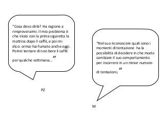 “Cosa devo dirle? Ha ragione a
rimproverarmi. Il mio problema è
che inizio con la prima sigaretta la
mattina dopo il caffè, e poi mi
dico: ormai hai fumato anche oggi.
Potrei tentare di non bere il caffè
per qualche settimana…”
“Nel suo riconoscere quali sono i
momenti di tentazione ha la
possibilità di decidere in che modo
cambiare il suo comportamento
per incorrere in un minor numero
di tentazioni, ”
PZ
M
 