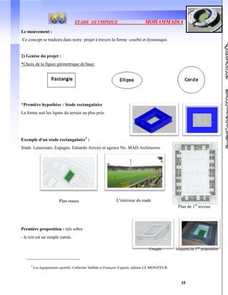 STADE OLYMPIQUE MOHAMMADIA
35
Le mouvement :
Ce concept se traduira dans notre projet à travers la forme courbé et dynamique.
2) Genèse du projet :
*Choix de la figure géométrique de base:
*Première hypothèse : Stade rectangulaire
La forme suit les lignes du terrain au plus près.
Exemple d'un stade rectangulaire3
:
Stade Lassessare, Espagne. Eduardo Arroyo et agence No. MAD Architectos
Première proposition : très sobre
- le toit est un simple carrée.
3
Les équipements sportifs, Catherine Sabbah et François Vignole, édition LE MONITEUR.
L'intérieur du stade
Plan de 1er
niveau
Croquis Maquette de 1ère
proposition
Plan masse
 