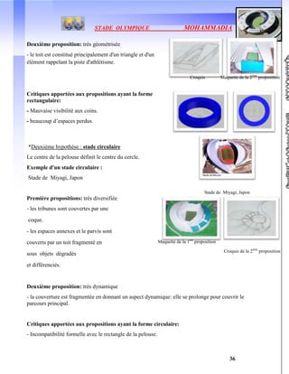 STADE OLYMPIQUE MOHAMMADIA
36
Maquette de la 1ère
proposition
Deuxième proposition: très géométrisée
- le toit est constitué principalement d'un triangle et d'un
élément rappelant la piste d'athlétisme.
Critiques apportées aux propositions ayant la forme
rectangulaire:
- Mauvaise visibilité aux coins.
- beaucoup d’espaces perdus.
*Deuxième hypothèse : stade circulaire
Le centre de la pelouse définit le centre du cercle.
Exemple d'un stade circulaire :
Stade de Miyagi, Japon
Première propositions: très diversifiée
- les tribunes sont couvertes par une
coque.
- les espaces annexes et le parvis sont
couverts par un toit fragmenté en
sous objets dégradés
et différenciés.
Deuxième proposition: très dynamique
- la couverture est fragmentée en donnant un aspect dynamique: elle se prolonge pour couvrir le
parcours principal.
Critiques apportées aux propositions ayant la forme circulaire:
- Incompatibilité formelle avec le rectangle de la pelouse.
Croquis Maquette de la 2ème
proposition
Croquis de la 2ème
proposition
Stade de Miyagi, Japon
 