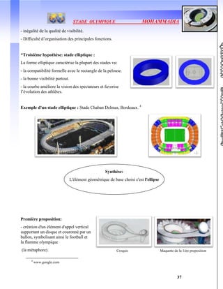 STADE OLYMPIQUE MOHAMMADIA
37
Synthèse:
L'élément géométrique de base choisi c'est l'ellipse
- inégalité de la qualité de visibilité.
- Difficulté d’organisation des principales fonctions.
*Troisième hypothèse: stade elliptique :
La forme elliptique caractérise la plupart des stades vu:
- la compatibilité formelle avec le rectangle de la pelouse.
- la bonne visibilité partout.
- la courbe améliore la vision des spectateurs et favorise
l’évolution des athlètes.
Exemple d'un stade elliptique : Stade Chaban Delmas, Bordeaux. 4
Première proposition:
- création d'un élément d'appel vertical
supportant un disque et couronné par un
ballon, symbolisant ainsi le football et
la flamme olympique
(la métaphore).
4
www.google.com
Maquette de la 1ére propositionCroquis
 