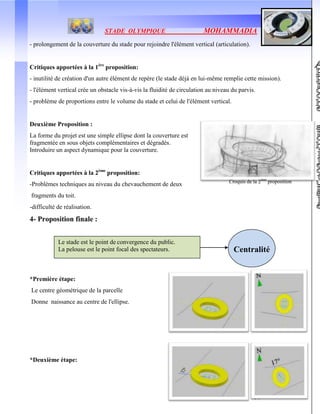 STADE OLYMPIQUE MOHAMMADIA
38
Croquis de la 2ème
proposition
- prolongement de la couverture du stade pour rejoindre l'élément vertical (articulation).
Critiques apportées à la 1ère
proposition:
- inutilité de création d'un autre élément de repère (le stade déjà en lui-même remplie cette mission).
- l'élément vertical crée un obstacle vis-à-vis la fluidité de circulation au niveau du parvis.
- problème de proportions entre le volume du stade et celui de l'élément vertical.
Deuxième Proposition :
La forme du projet est une simple ellipse dont la couverture est
fragmentée en sous objets complémentaires et dégradés.
Introduire un aspect dynamique pour la couverture.
Critiques apportées à la 2ème
proposition:
-Problèmes techniques au niveau du chevauchement de deux
fragments du toit.
-difficulté de réalisation.
4- Proposition finale :
*Première étape:
Le centre géométrique de la parcelle
Donne naissance au centre de l'ellipse.
*Deuxième étape:
Centralité
Le stade est le point de convergence du public.
La pelouse est le point focal des spectateurs.
 