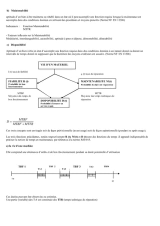 b) Maintenabilité
aptitude d’un bien à être maintenu ou rétabli dans un état où il peut accomplir une fonction requise lorsque la maintenance est
accomplie dans des conditions données en utilisant des procédures et moyens prescrits (Norme NF EN 13306)
Indicateurs : Fonction Maintenabilité
MTTR
- Facteurs influents sur la Maintenabilité
Modularité, interchangeabilité, accessibilité, aptitude à pose et dépose, démontabilité, détectabilité
c) Disponibilité
Aptitude d’unbien à être en état d’accomplir une fonction requise dans des conditions données à un instant donné ou durant un
intervalle de temps donné en supposant que la fourniture des moyens extérieurs est assurée. (Norme NF EN 13306)
MTTRMTBF
MTBF
D


Ces trois concepts sont envisagés soit de façon prévisionnelle (avant usage) soit de façon opérationnelle (pendant ou après usage).
Les trois fonctions précédentes, notées respectivement R (t), M (t) et D (t) sont des fonctions du temps .Il apparaît indispensable de
préciser la notion de temps en maintenance, par référence à la norme X60-015.
a) la vie d’une machine
Elle comprend une alternance d’arrêts et de bon fonctionnement pendant sa durée potentielle d’utilisation
Ces durées peuvent être observées ou estimées.
Une partie (variable) des TA est constituée des TTR (temps technique de réparation)
VIE D’UN MATERIEL
FIABILITE R (t)
Probabilité de bon
fonctionnement
DISPONIBILITE D (t)
Probabilité d’assurer un
service requis
MAINTENABILITE M (t)
Probabilité de durée de réparation
I (t) taux de fiabilité
MTBF
Moyenne des temps de
bon fonctionnement
MTTR
Moyenne des temps techniques de
réparation
µ (t) taux de réparation
TBF 1 TBF 2 TBF 3
TA 1 TA2
TA3 TBF4
t o
t1
 