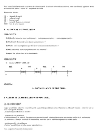 Nous allons décrire brièvement le système de communication relatif à une intervention corrective, entre le moment d’apparition d’une
défaillance et la remise à niveau de l’équipement défaillant.
Abréviations utilisées
DT = demande de travail
OT = ordre de travail
BT = bon de travail
DA = demande d’approvisionnement
BSM= bon de sortie magasin
5. EXERCICES D’APPLICATION
EXERCICE N°1
1) Définir les termes suivants : maintenance - maintenance corrective - - maintenance préventive
2) Quelle est le domaine d’action du service maintenance ?
3) Quelles sont les compétences que doit avoir un technicien de maintenance ?
4) Quel est l’intérêt d’un organigramme dans une entreprise ?
5) Quels sont les 5 niveaux de la maintenance ?
EXERCICE N°2
1) Calculer le MTBF, MTTR et D
Chapitre 2
LA CONNAISSANCE DU MATERIEL
1. NATURE ET CLASSIFICATION DU MATERIEL
1.1. CLASSIFICATION
De par la variété des industries concernées par la nécessité de posséder un service Maintenance efficace,le matériel à entretenir sera lui
aussi d’une grande diversité.
Une première classification est possible :
- les biens liés à la production
« Tels que tout arrêt ou mauvais fonctionnement provoque un arrêt, un ralentissement ou une mauvaise qualité de la production ».
Les générateurs d’énergie, les engins de manutention aussi bien que les machines de production en font partie.
- les biens non liés à la production.
« Tels qu’unedéfaillance n’influe pas sur la production ».
Nous adopterons la classification suivante :
320h 280 h 300h
4h 5h
8h 240 h
t o
t1
 