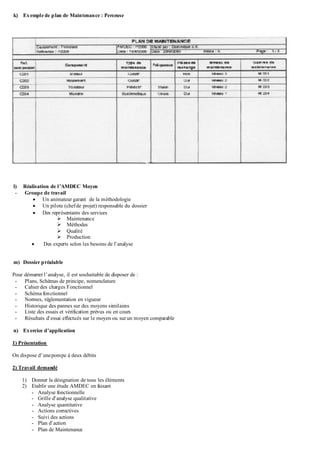 k) Exemple de plan de Maintenance : Perceuse
l) Réalisation de l’AMDEC Moyen
- Groupe de travail
 Un animateur garant de la méthodologie
 Un pilote (chefde projet) responsable du dossier
 Des représentants des services
 Maintenance
 Méthodes
 Qualité
 Production
 Des experts selon les besoins de l’analyse
m) Dossier préalable
Pour démarrer l’analyse, il est souhaitable de disposer de :
- Plans, Schémas de principe, nomenclature
- Cahier des charges Fonctionnel
- Schéma fonctionnel
- Normes, réglementation en vigueur
- Historique des pannes sur des moyens similaires
- Liste des essais et vérification prévus ou en cours
- Résultats d’essai effectués sur le moyen ou sur un moyen comparable
n) Exercice d’application
1) Présentation
On dispose d’unepompe à deux débits
2) Travail demandé
1) Donner la désignation de tous les éléments
2) Etablir une étude AMDEC en faisant
- Analyse fonctionnelle
- Grille d’analyse qualitative
- Analyse quantitative
- Actions correctives
- Suivi des actions
- Plan d’action
- Plan de Maintenance
 