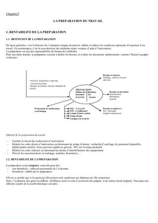 Chapitre5
LA PREPARATION DU TRAVAIL
1. RENTABILITE DE LA PREPARATION
1.1. DEFINITION DE LA PREPARATION
De façon générale, c’est la fonction de l’entreprise chargée de prévoir, définir et réaliser les conditions optimales d’exécution d’un
travail .En maintenance, c’est la sous-fonction des méthodes ayant vocation d’aide à l’intervention.
La préparation est une des responsabilités du bureau des méthodes.
Pour une tâche donnée, la préparation consiste à définir les besoins et à éditer les documents opérationnels, comme l’illustre le graphe
ci-dessous :
Objectif de la préparation du travail
- Faciliter le travail des techniciens d’intervention
- Réduire les coûts directs d’intervention en diminuant les temps d’attente : recherche d’outillage, de personnel disponible,
déplacements inutiles .Nous pouvons espérer un gain de 30% sur le temps productif.
- Réduire les coûts indirects en diminuant les durées d’immobilisation des équipements
- Prévoir les consommations en rechange, matières, fournitures….
1.2. RENTABILITE DE LA PREPARATION
La préparation existe toujours, mais elle peut être :
- non formalisée : réflexion personnelle de l’exécutant,
- formalisée : établie par le préparateur.
Elle ne se justifie que si les gains qu’elle procure sont supérieurs aux dépenses qu’elle occasionne.
Hors, l’évaluation des gains est difficile (différence entre le coût d’un travail non préparé et du même travail préparé). Nous pouvons
réfléchir à partir de la courbe théorique suivante :
PREPARATION
Edition des définition
document des
d’activité besoins
-Analyse, diagnostics, expertises
- Dossiers machines
-Banque de données internes (Standard de
temps)
Besoins en moyens
Outillage, testeurs,moyens
spéciaux
Besoins en personnel
Qualification,
habilitation,
quantité
Besoins en matières :
DA : Demande
d’approvisionnem ent
OTC : Correctif
OTP : Conditionnel
Gamme d’intervention
Temps alloués
Consignes de sécurité
Programme de maintenance
systématique
 
