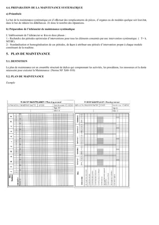 4.4. PREPARATION DE LA MAINTENANCE SYSTEMATIQUE
a) Préambule
Le but de la maintenance systématique est d’effectuer des remplacements de pièces, d’organes ou de modules quelque soit leurétat,
dans le but de réduire les défaillances .Et donc le nombre des réparations.
b) Préparation de l’échéancier de maintenance systématique
L’établissement de l’échéancier se fera en deux phases :
1.- Recherche des périodes optimisées d’interventions pour tous les éléments concernés par une intervention systématique. ( T= k.
MTBF).
2- Standardisation et homogénéisation de ces périodes, de façon à attribuer une période d’intervention propre à chaque module
constituant de la machine.
5. PLAN DE MAINTENANCE
5.1. DEFINITION
Le plan de maintenance est un ensemble structuré de tâches qui comprennent les activités, les procédures, les ressources et la durée
nécessaire pour exécuter la Maintenance (Norme NF X60- 010)
5.2. PLAN DE MAINTENANCE
Exemple
 