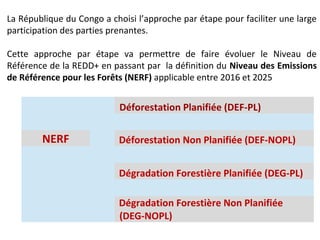 La République du Congo a choisi l’approche par étape pour faciliter une large
participation des parties prenantes.
Cette approche par étape va permettre de faire évoluer le Niveau de
Référence de la REDD+ en passant par la définition du Niveau des Emissions
de Référence pour les Forêts (NERF) applicable entre 2016 et 2025
Déforestation Planifiée (DEF-PL)
NERF Déforestation Non Planifiée (DEF-NOPL)
Dégradation Forestière Planifiée (DEG-PL)
Dégradation Forestière Non Planifiée
(DEG-NOPL)
 