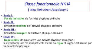 Classe fonctionnelle NYHA
( New York Heart Association )
• Stade I :
Pas de limitation de l'activité physique ordinaire
• Stade II :
Limitation modeste de l'activité physique ordinaire
• Stade III :
Réduction marquée de l'activité physique ordinaire
• Stade IV :
Impossibilité de poursuivre une activité physique sans gêne :
les symptômes de l'IC sont présents même au repos et la gêne est accrue par
toute activité physique.
 