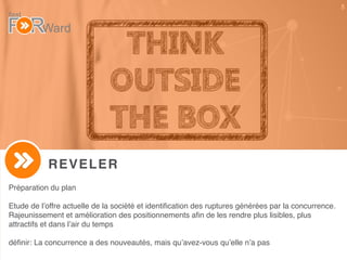 5
REVELER
Préparation du plan
Etude de l’offre actuelle de la société et identiﬁcation des ruptures générées par la concurrence.
Rajeunissement et amélioration des positionnements aﬁn de les rendre plus lisibles, plus
attractifs et dans l’air du temps
déﬁnir: La concurrence a des nouveautés, mais qu’avez-vous qu’elle n’a pas
 
