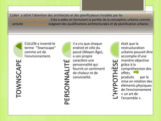 Cullen a attiré l'attention des architectes et des planificateurs troublés par les aspects techniques
et stériles du modernisme. Il les a aidés en formulant la portée de la conception urbaine comme
activité interdisciplinaire exigeant des qualifications architecturales et de planification urbaine.
TOWNSCAPE
CULLEN a inventé le
terme "Townscape"
comme art de
l'environnement.
PERSONNALITÉ
il a cru que chaque
endroit et ville du
passé (Moyen Âge),
a son propre
caractère une
personnalité qui
fournit un sentiment
de chaleur et de
convivialité.
L’HYPOTHÈSE
était que la
restructuration
urbaine pouvait être
accomplie d’une
manière objective
grâce à la
compréhension des
effets
produits par la
mise en relation des
éléments physiques
de l’environnement
« un art de
l’ensemble ».
 