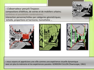 – nous voyons et apprécions une ville comme une expérience visuelle dynamique
avec en plus la mémoire et les expériences passées. GORDON CULLEN (Townscape, 1961)
– L’observateur perçoit l’espace:
compositions d’édifices, de voiries et de mobiliers urbains;
synthèses et possibilités combinatoires;
interaction personne/milieu par catégories géométriques;
échelle, proportions et harmonie, homothétie …
 