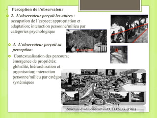 • Perception de l’observateur
 2. L’observateur perçoit les autres :
occupation de l’espace; appropriation et
adaptation; interaction personne/milieu par
catégories psychologique
 3. L’observateur perçoit sa
perception:
 Contextualisation des parcours;
émergence de propriétés;
globalité, hiérarchisation et
organisation; interaction
personne/milieu par catégories
systémiques
.Structure-évolution-fonctionCULLEN, G. (1961)
 