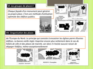 VI. Les groupes de placesVI
Chaque façade d’un monument peut générer
sa propre place. C’est une méthode d’utilisation
optimale des édifices publics.
VII. L’organisation des places
de l’Europe du Nord. Le principe qui consiste à encastrer les églises parmi d’autres
édifices. La bonne vieille règle s’exprime encore plus nettement dans le cas de
hôtels de ville et des places de marché, car alors il n’existe aucune raison de
dégager l’édifice, même exceptionnellement
 