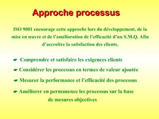 Approche processus
Approche processus
ISO 9001 encourage cette approche lors du développement, de la
mise en œuvre et de l’amélioration de l’efficacité d’un S.M.Q. Afin
d’accroître la satisfaction des clients.
 Améliorer en permanence les processus sur la base
de mesures objectives
 Comprendre et satisfaire les exigences clients
 Considérer les processus en termes de valeur ajoutée
 Mesurer la performance et l’efficacité des processus
 