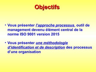 Objectifs
Objectifs
• Vous présenter l’approche processus, outil de
management devenu élément central de la
norme ISO 9001 version 2015
• Vous présenter une méthodologie
d’identification et de description des processus
d’une organisation
 