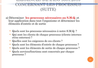 EXIGENCES DE L’ISO 9001:2015
CONCERNANT LES PROCESSUS
(SUITE)
a) Déterminer les processus nécessaires au S.M.Q. et
leur application dans tout l’organisme et déterminer les
éléments d’entrée et de sortie
 Quels sont les processus nécessaires à notre S.M.Q. ?
 Qui sont les clients de chaque processus (clients internes
et/ou externes) ?
 Quelles sont les exigences de ces clients ?
 Quels sont les éléments d’entrée de chaque processus ?
 Quels sont les éléments de sortie de chaque processus ?
 Quels services/fonctions sont concernés par chaque
processus ?
11
 