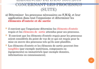 EXIGENCES DE L’ISO 9001:2015
CONCERNANT LES PROCESSUS
(SUITE)
a) Déterminer les processus nécessaires au S.M.Q. et leur
application dans tout l’organisme et déterminer les
éléments d’entrée et de sortie
 il convient que l’organisme détermine les éléments d’entrée
requis et les éléments de sortie attendus pour ses processus.
 Il convient que les éléments d’entrée requis pour les processus
soient considérés du point de vue de ce qui est requis pour la
mise en œuvre des processus tels qu’ils sont planifiés.
 Les éléments d’entrée et les éléments de sortie peuvent être
tangibles (par exemple matériaux, composants ou
équipements) ou immatériels (par exemple données,
informations ou connaissances);
12
 