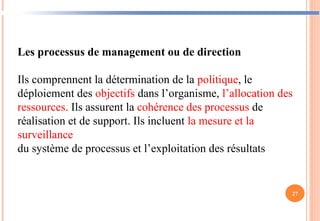 27
Les processus de management ou de direction
Ils comprennent la détermination de la politique, le
déploiement des objectifs dans l’organisme, l’allocation des
ressources. Ils assurent la cohérence des processus de
réalisation et de support. Ils incluent la mesure et la
surveillance
du système de processus et l’exploitation des résultats
 