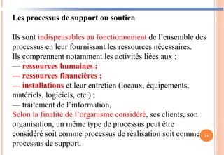 29
Les processus de support ou soutien
Ils sont indispensables au fonctionnement de l’ensemble des
processus en leur fournissant les ressources nécessaires.
Ils comprennent notamment les activités liées aux :
— ressources humaines ;
— ressources financières ;
— installations et leur entretien (locaux, équipements,
matériels, logiciels, etc.) ;
— traitement de l’information,
Selon la finalité de l’organisme considéré, ses clients, son
organisation, un même type de processus peut être
considéré soit comme processus de réalisation soit comme
processus de support.
 