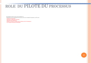 ROLE DU PILOTE DU PROCESSUS
Il est chargé de la mise en œuvre, de la surveillance, de
l’amélioration et de la transformation du processus en lien avec la stratégie de l’organisme, son rôle est de:
 Analyser Les Processus ;
 Identifier Les Objectifs À Atteindre ;
 Déterminer Des Indicateurs ;
 Définir Les Actions À Conduire Pour L’améliorer Ou Le Transformer ;
 Les Conduire Et S’assurer Du Résultat.
37
 