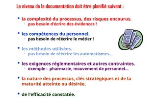 Le niveau de la documentation doit être planifié suivant :
 la complexité du processus, des risques encourus.

pas besoin d’écrire des évidences !
 les compétences du personnel.

pas besoin de réécrire le métier !
 les méthodes utilisées.

pas besoin de réécrire les automatismes…
 les exigences réglementaires et autres contraintes.

exemple : pharmacie, mouvement de personnel…
 la nature des processus, clés stratégiques et de la
maturité atteinte ou désirée.
 de l’efficacité constatée. 44
 