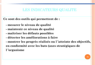 LES INDICATEURS QUALITE
Ce sont des outils qui permettent de :
- mesurer le niveau de qualité
- maintenir ce niveau de qualité
- maîtriser les défauts possibles
- détecter les améliorations à faire
- montrer les progrès réalisés ou l ’atteinte des objectifs,
en conformité avec les buts (axes stratégiques de
l ’organisme
75
 
