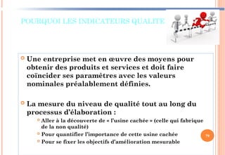 POURQUOI LES INDICATEURS QUALITE ?
 Une entreprise met en œuvre des moyens pour
obtenir des produits et services et doit faire
coïncider ses paramètres avec les valeurs
nominales préalablement définies.
 La mesure du niveau de qualité tout au long du
processus d’élaboration :
 Aller à la découverte de « l’usine cachée » (celle qui fabrique
de la non qualité)
 Pour quantifier l’importance de cette usine cachée
 Pour se fixer les objectifs d’amélioration mesurable
79
 