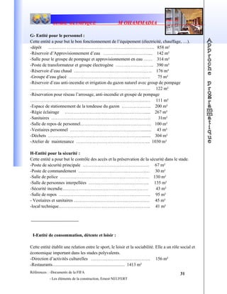 STADE OLYMPIQUE M OHAMMADIA
G- Entité pour le personnel :
Cette entité a pour but le bon fonctionnement de l’équipement (électricité, chauffage, …).
-dépôt ………… ………………………………………………….. 858 m²
-Réservoir d’Approvisionnement d’eau ………………………….... 142 m²
-Salle pour le groupe de pompage et approvisionnement en eau …… 314 m²
-Poste de transformateur et groupe électrogène …………………….. 390 m²
-Réservoir d’eau chaud …………………………………………….. 176 m²
-Groupe d’eau glacé ………………………………………………. 75 m²
-Réservoir d’eau anti-incendie et irrigation du gazon naturel avec group de pompage
……………………………………………………………………… 122 m²
-Réservation pour réseau l’arrosage, anti-incendie et groupe de pompage
……………………………………………………………………… 111 m²
-Espace de stationnement de la tondeuse du gazon ……………….. 200 m²
-Régie éclairage ………………………………………………..... 267 m²
-Sanitaires …………………………………………………………. 31m²
-Salle de repos de personnel………………………………………… 100 m²
-Vestiaires personnel …………………………………………......... 43 m²
-Déchets ………………………………………………………........ 304 m²
-Atelier de maintenance ………………………………………….. 1030 m²
H-Entité pour la sécurité :
Cette entité a pour but le contrôle des accès et la préservation de la sécurité dans le stade.
-Poste de sécurité principale ……………………………………… 67 m²
-Poste de commandement ………………………………………… 30 m²
-Salle de police …………………………………………………… 130 m²
-Salle de personnes interpellées ………………………………….. 135 m²
-Sécurité incendie…………………………………………………. 43 m²
-Salle de repos …………………………………………………….. 95 m²
- Vestiaires et sanitaires …………………………………………… 45 m²
-local technique…………………………………………………….. 41 m²
I-Entité de consommation, détente et loisir :
Cette entité établit une relation entre le sport, le loisir et la sociabilité. Elle a un rôle social et
économique important dans les stades polyvalents.
-Direction d’activités culturelles …………………………………. 156 m²
-Restaurants................................................................. 1413 m²
Références : -Documents de la FIFA
- Les éléments de la construction, Ernest NEUFERT
31
 