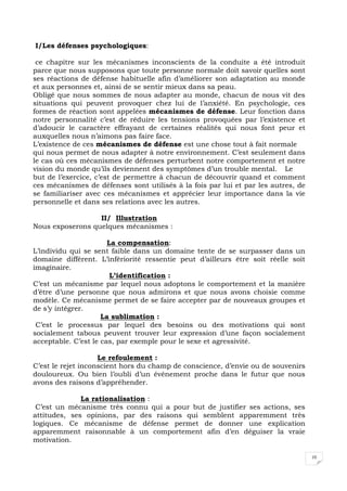 10
I/Les défenses psychologiques:
ce chapitre sur les mécanismes inconscients de la conduite a été introduit
parce que nous supposons que toute personne normale doit savoir quelles sont
ses réactions de défense habituelle afin d’améliorer son adaptation au monde
et aux personnes et, ainsi de se sentir mieux dans sa peau.
Obligé que nous sommes de nous adapter au monde, chacun de nous vit des
situations qui peuvent provoquer chez lui de l’anxiété. En psychologie, ces
formes de réaction sont appelées mécanismes de défense. Leur fonction dans
notre personnalité c’est de réduire les tensions provoquées par l’existence et
d’adoucir le caractère effrayant de certaines réalités qui nous font peur et
auxquelles nous n’aimons pas faire face.
L’existence de ces mécanismes de défense est une chose tout à fait normale
qui nous permet de nous adapter à notre environnement. C’est seulement dans
le cas où ces mécanismes de défenses perturbent notre comportement et notre
vision du monde qu’ils deviennent des symptômes d’un trouble mental. Le
but de l’exercice, c’est de permettre à chacun de découvrir quand et comment
ces mécanismes de défenses sont utilisés à la fois par lui et par les autres, de
se familiariser avec ces mécanismes et apprécier leur importance dans la vie
personnelle et dans ses relations avec les autres.
II/ Illustration
Nous exposerons quelques mécanismes :
La compensation:
L’individu qui se sent faible dans un domaine tente de se surpasser dans un
domaine différent. L’infériorité ressentie peut d’ailleurs être soit réelle soit
imaginaire.
L’identification :
C’est un mécanisme par lequel nous adoptons le comportement et la manière
d’être d’une personne que nous admirons et que nous avons choisie comme
modèle. Ce mécanisme permet de se faire accepter par de nouveaux groupes et
de s’y intégrer.
La sublimation :
C’est le processus par lequel des besoins ou des motivations qui sont
socialement tabous peuvent trouver leur expression d’une façon socialement
acceptable. C’est le cas, par exemple pour le sexe et agressivité.
Le refoulement :
C’est le rejet inconscient hors du champ de conscience, d’envie ou de souvenirs
douloureux. Ou bien l’oubli d’un événement proche dans le futur que nous
avons des raisons d’appréhender.
La rationalisation :
C’est un mécanisme très connu qui a pour but de justifier ses actions, ses
attitudes, ses opinions, par des raisons qui semblent apparemment très
logiques. Ce mécanisme de défense permet de donner une explication
apparemment raisonnable à un comportement afin d’en déguiser la vraie
motivation.
 