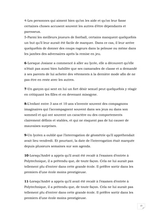 15
4-Les personnes qui aiment bien qu’on les aide et qu’on leur fasse
certaines choses accusent souvent les autres d’être dépendants et
paresseux.
5-Parmi les meilleurs joueurs de football, certains manquent quelquefois
un but qu’il leur aurait été facile de marquer. Dans ce cas, il leur arrive
quelquefois de donner des coups rageurs dans la pelouse ou même dans
les jambes des adversaires après la remise en jeu.
6-Lorsque Josiane a commencé à aller au lycée, elle a découvert qu’elle
n’était pas aussi bien habillée que ses camarades de classe et a demandé
à ses parents de lui acheter des vêtements à la dernière mode afin de ne
pas être en reste avec les autres.
7-Un garçon qui sent en lui un fort désir sexuel peut quelquefois y réagir
en critiquant les filles et en devenant misogyne.
8-L’enfant entre 3 ans et 10 ans s’invente souvent des compagnons
imaginaires qui l’accompagnent souvent dans ses jeux ou dans son
sommeil et qui ont souvent un caractère ou des comportements
clairement définis et stables, et qui ne risquent pas de lui causer de
mauvaises surprises.
9-Un lycéen a oublié que l’interrogation de géométrie qu’il appréhendait
avait lieu vendredi. Et pourtant, la date de l’interrogation était marquée
depuis plusieurs semaines sur son agenda.
10-Lorsqu’André a appris qu’il avait été recalé à l’examen d’entrée à
Polytechnique, il a prétendu que, de toute façon. Cela ne lui aurait pas
tellement plu d’entrer dans cette grande école. Il préfère sortir dans les
premiers d’une école moins prestigieuse.
11-Lorsqu’André a appris qu’il avait été recalé à l’examen d’entrée à
Polytechnique, il a prétendu que, de toute façon. Cela ne lui aurait pas
tellement plu d’entrer dans cette grande école. Il préfère sortir dans les
premiers d’une école moins prestigieuse.
 