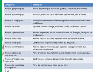 Catégorie Exemples
Risques géopolitiques Blocus économique, attentats, guerres, climat insurrectionnel...
Risques économiques Inflation, évolution de la demande, des besoins, des marchés....
Risques stratégiques Incohérence entre les différents segments constitutifs du modèle
stratégique
Risques financiers liquidité, taux de change, risque de crédit, dilution du capital..
Risques opérationnels Risques engendrés par les infrastructures, les énergies, les cycles de
production...
Risques industriels Risques liés aux activités de fabrication, de transformation...
Risques juridiques Contrefaçon, responsabilité pénale du dirigeant....
Risques informatiques Risques liés aux matériels, aux logiciels, aux applications, aux
infrastructures réseaux...
Risques sociaux ou
psychosociaux
Perte d'homme clé, mal-être, stress, harcèlement sexuel, suicide...
Risques d'image ou de
réputation
Contrefaçon, rumeurs, concurrence déloyale, espionnage
Risques de knowledge
management
Perte de connaissance et de savoir-faire
 