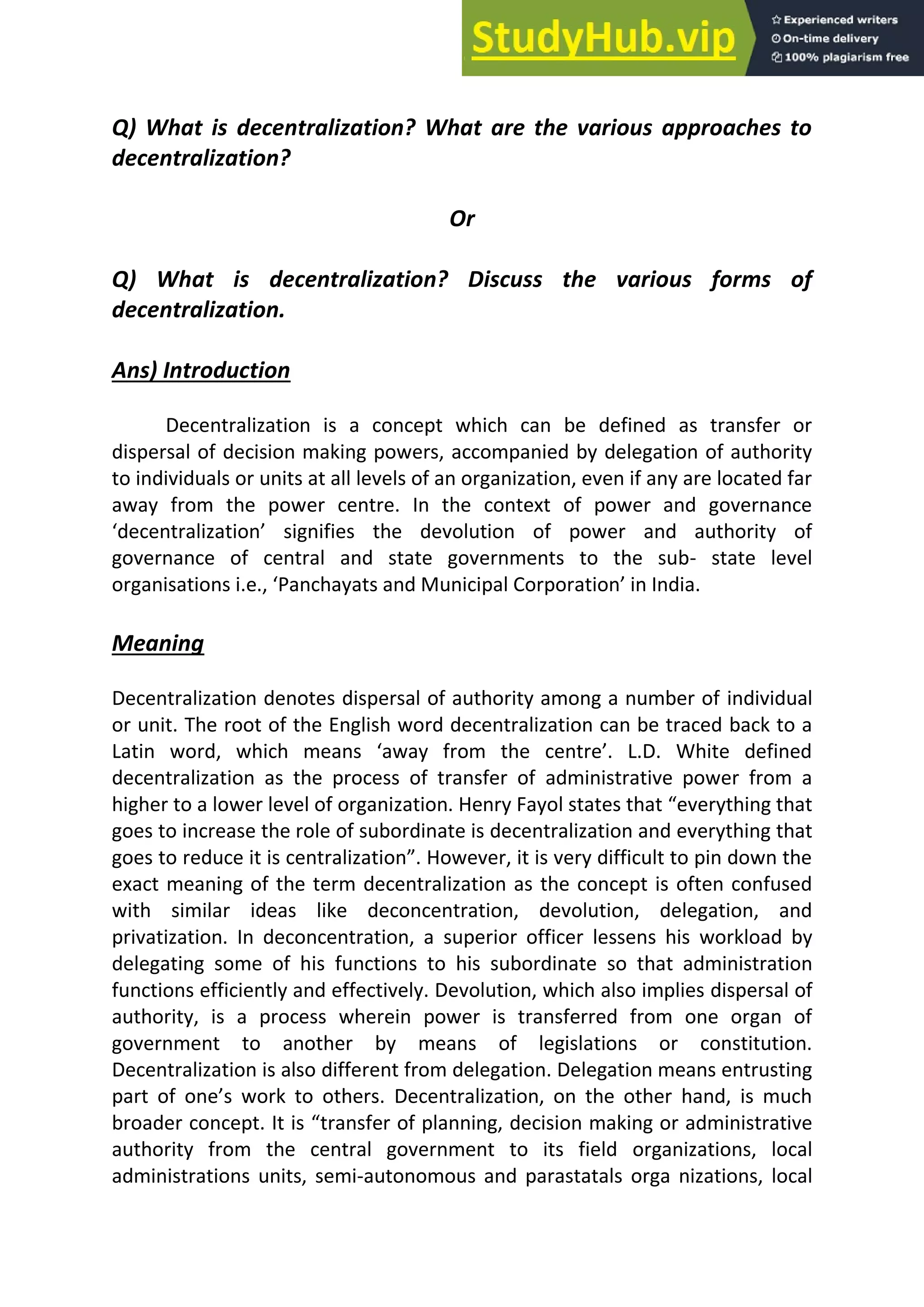 Approches And Types Of Decentralization | PDF