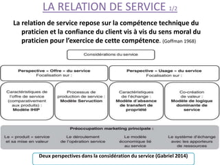 LA RELATION DE SERVICE 1/2
La relation de service repose sur la compétence technique du
praticien et la confiance du client vis à vis du sens moral du
praticien pour l’exercice de cette compétence. (Goffman 1968)
Deux perspectives dans la considération du service (Gabriel 2014)
 