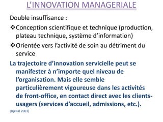 L’INNOVATION MANAGERIALE
Double insuffisance :
Conception scientifique et technique (production,
plateau technique, système d’information)
Orientée vers l’activité de soin au détriment du
service
La trajectoire d’innovation servicielle peut se
manifester à n’importe quel niveau de
l’organisation. Mais elle semble
particulièrement vigoureuse dans les activités
de front-office, en contact direct avec les clients-
usagers (services d’accueil, admissions, etc.).
(Djellal 2003)
 