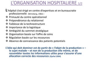 L’ORGANISATION HOSPITALIERE 1/2
L’hôpital s’est érigé en centre d’expertises et en bureaucratie
professionnelle (Mintzberg, 1982) :
 Primauté du centre opérationnel
 Prépondérance du relationnel
 Faiblesse de la technostructure
 Importance de la logistique
 Ambigüité du sommet stratégique
 Organisation basée sur l’offre de soins
 Régulation basée sur les ressources
 Absence de connaissance des patients potentiels
L’idée qui doit dominer est de partir de « l’objet de la production » –
le sujet malade – et non de la production elle même, et de
rassembler toutes les informations utiles pour s’assurer d’une
allocation correcte des ressources (Djellal 2004)
 